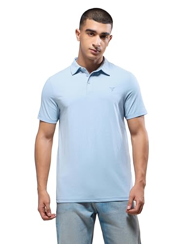 Image of TECHNOSPORT Men's Solid Slim Fit Polo Collar T-Shirt COTFLEX Half Sleeve Button Polyester for Gym Running Workout UPF50+ Anti Odour