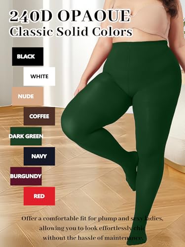 Image of Plus Size Opaque Tights for Women 240D Soft Solid Color Footed High Waist Control Top Pantyhose