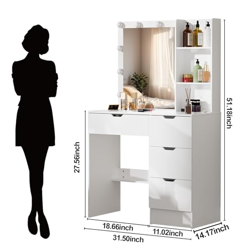 Puselo Dressing Table with Mirror and Lights,White Vanity Desk with Mirror and 4 Drawers, 10 LED Lights,3 Light Colours Adjustable Brightness,Modern Vanity for Women Girl Bedroom - Cosy Home Interiors Puselo Dressing Table with Mirror and Lights,White Vanity Desk with Mirror and 4 Drawers, 10 LED Lights,3 Light Colours Adjustable Brightness,Modern Vanity for Women Girl Bedroom - Image 4