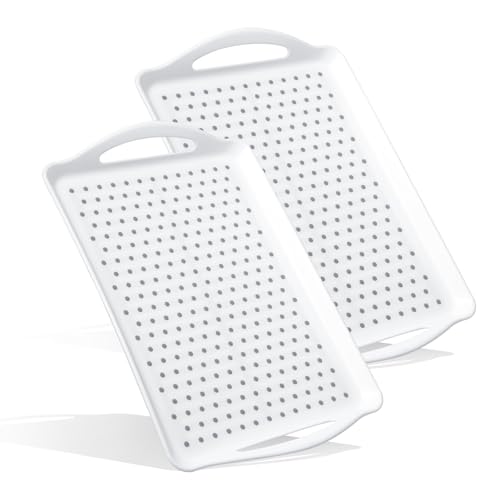 2 Pcs Large Rectangular Non Slip Serving Tray with Handles, Silicone Gripping Nubs Lap Food Trays for Eating, Dishwasher Safe Serve for Dinner Snack Fruit Dessert Beverage, Rectangular(White)