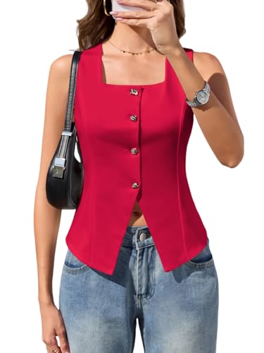 Women's Square Neck Suit Vest Tops Sleeveless Button Down Waistcoat, Red