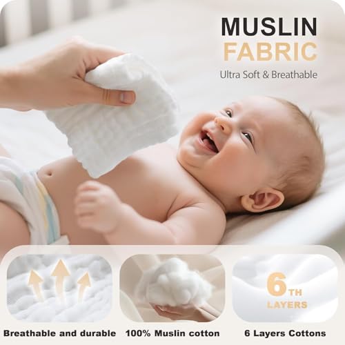 Image of Cuddle Campus Baby Washcloths 6 Packs, Muslin Washcloths Baby,Cotton Burp Cloths, Extra Absorbent and Soft Wash Clothes for Newborns, 12x12 Inches