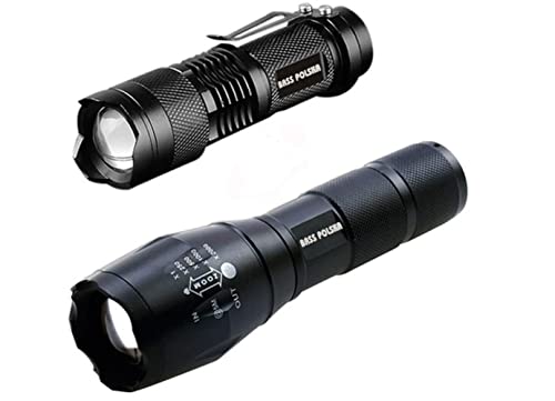 BASS POLSKA Ensemble de deux lampes de poche tactiques Zoom Cree Modes d'éclairage rechargeables 1900/1200 lm Éclairage jusqu'à 1200 m Diode LED Ensemble pratique dans un étui Cover