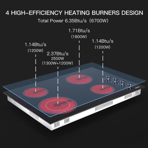 Electric Cooktop 30 inch Ceramic Stove 4 Burners Built-in Electric Stove Top 11 Power Levels/Control by Knob/220-240V 6700W Stove Top Burners Satin Glass Cooktop