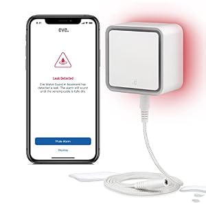 Eve Water Guard (Apple Home) - Smart Home Water Leak Detector, 2 m Sensing Cable (extendable), 100 dB Siren, Water-Leak Alert on iPhone, iPad, Apple Watch, Bluetooth & Thread