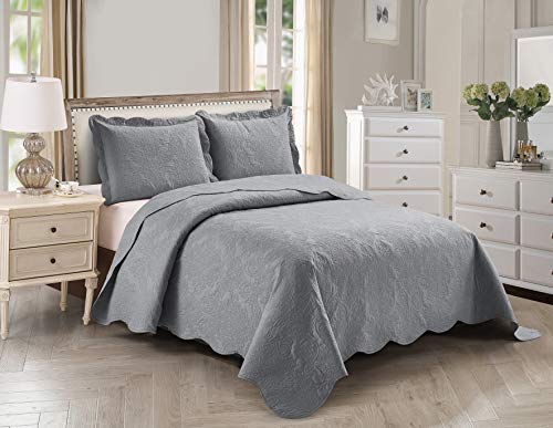 Home Collection Kids Zone Over Size Luxury Embossed Damask Bedspread Set Light Weight Solid Color New # Stacy (Light Grey, Twin)