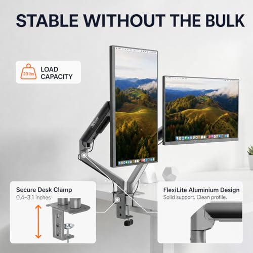 3IDEE FlexiLite Dual Monitor Arm Desk Mount for 17-32" Screens, Holds up to 20 lbs per Monitor, Slim Aluminium Design, Fully Adjustable, Quick Box to Desk Setup, Clamp/Grommet Base, VESA 75/100 by 3IDEE - Used condition - Image 2