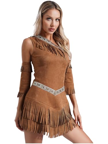 Runhomal Robe Déguisement Princesse Américain Femme Costume Amérindienne Deguisement Indien Femme Adulte Carnaval Marron M