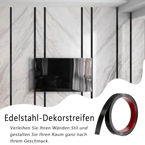 Wandleiste, Edelstahl-Dekorstreifen, Metallisiertes, Schwarz Metallisiertes, Zierleisten Selbstklebend, Leisten, 5m x 2cm, für Die Dekoration von Zimmern und Wohnräumen, Schwarz