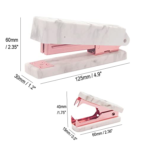 Office Stapler Staples Remover Set, Marble Print Rose Gold Tone Desk Executive Manual Staplers and Staple Remover Tool for Desktop Accessories Supplies (Marble Print & Rose Gold)