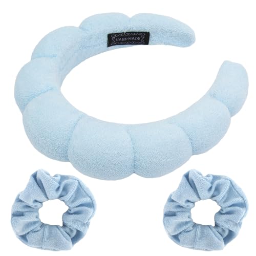 CUBACO Spa Headband for Washing Face with Wristband Towe, Skincare Makeup Puffy Cloud Headbands Soft Sponge Absorbs Water for Shower (Light Blue)