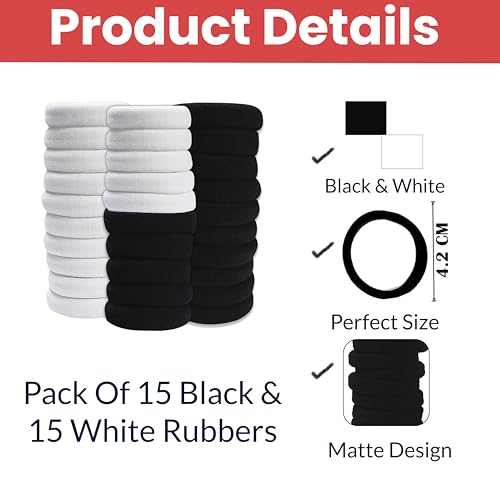 Image of TEMPERIA (30 Pcs) Hair Band for Women & Girls - Premium Rubber Band - Elastic Ponytail Hairband Ties Accessories - 15 Black & 15 White (DN01)