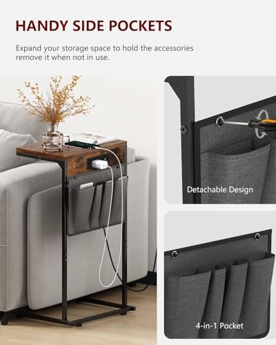 Evermagin C Shaped End Table with Charging Station, Small Side Table with Storage Bag for Couch and Recliner, Slide Under Sofa Tray for Living Room, Bedroom, Rustic Brown