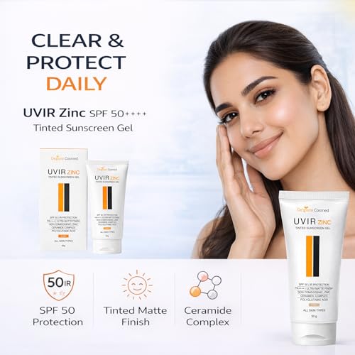 Image of UVIR Zinc Tinted Sunscreen Gel SPF 50 PA++++ | Broad Spectrum UVA UVB Protection | Ultra Matte Oil Control | Zinc Oxide Face Sunscreen for Oily & Acne-Prone Skin | No White Cast | Ivory Tint | 50 g