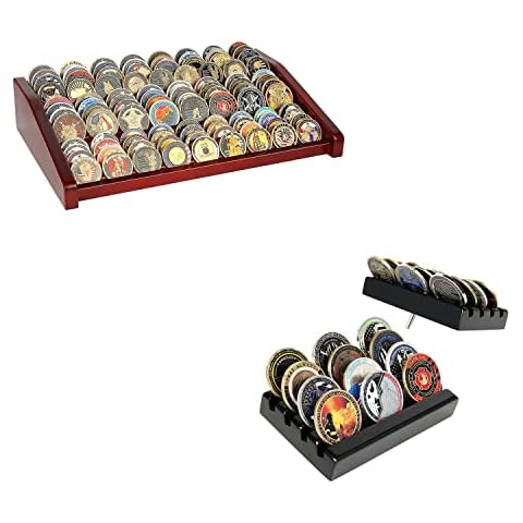 DecoWoodo 4 Rows Challenge Coin Holder Display & 12 Rows Challenge Coin Display Stand Cover