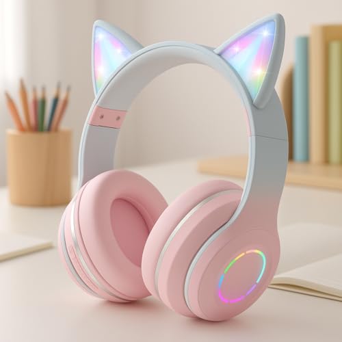 OHAANYY Casque Bluetooth pour Enfants sans Fil,Casque Cat Pliable avec LED Flash Lumières Glow, Enfants Bluetooth 5.0 avec Microphone et Contrôle du Volume, Carte Slot pour PC/Tablettes/TV (1)