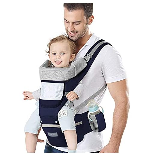 Azeekoom Draagzak Ergonomisch, Draagzak met Multiposition Hip Seat Hoofdsteun en Kap, Lichtgewicht Ademend Zuiver Katoen voor Baby's en Kinderen van 0-36 Maanden (Minder dan 25kg)