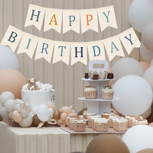 Image of Doumeny Happy Birthday Burlap Banner Boho Birthday Bunting Garland Blue Bohemian Sign Flag White Birthday Hanging Banner Pastel Rainbow Party Decor for Home Mantel Fireplace Nursery Party Backdrop