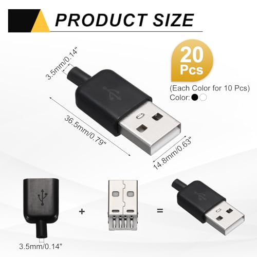 QUARKZMAN 20Stück USB 2.0 Typ A Stecker Verbinder 4 Pin Lötanschluss Mit 3mm Kabelbohrung Für DIY Kabelreparatur-Set Netzteil Mikrocontroller-Projekte Weiß/Schwarz 36.5x14.8mm