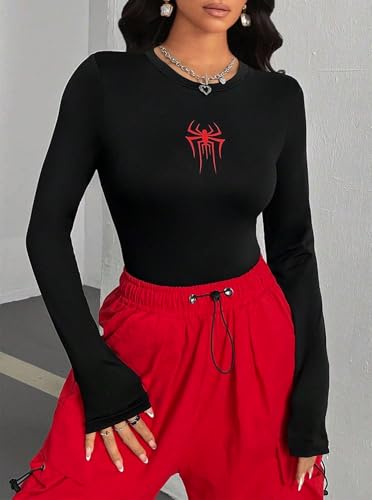 Hilinker Womens Spider Graphic Long Sleeve Top Workout Basic Crew Neck Shirt Slim Fit2