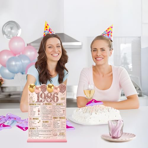 Image of Guiruiy Pink Rose Gold 40th Birthday Decorations for Women, Two-Sided Vintage 40 Back in 1986 Theme Poster Wooden Table Sign with Stand, Forty Years Old Bday Centerpieces Holder for Table Decor