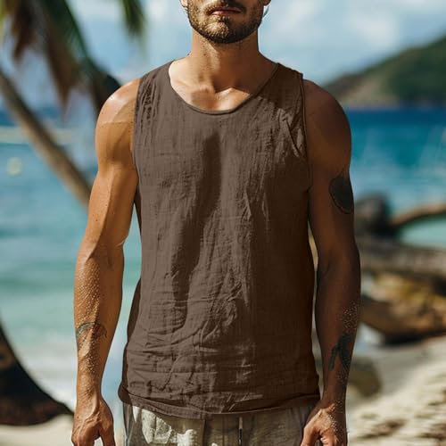 AEGJEGVD Men Linen Tank Tops Clearance,Mens Round Neck Sleeveless Solid Color Retro Basic Vests Summer Casual Loose Beach Tank Top Hawaiian Breathable Sport Vest UK Size M-4XL Today's Deals - Image 2