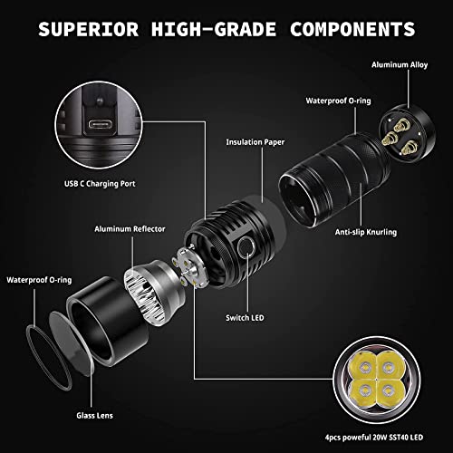 sofirn SP36 Pro Rechargeable LED Flashlight 8000 Lumens max, Powerful Flashlight with 4X SST40 6500K LED Anduril UI2, IPX8 Waterproof, for Emergencies Camping (SP36 Pro-Kit)