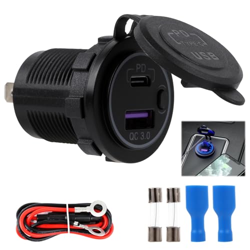 Chargeur USB 30W PD et 18W QC3.0, Prise USB Moto Etanche 12V, Prise Type C 12-24V pour Voiture, Bateau, IP66 Étanche, Adaptateur avec Interrupteur LED,...