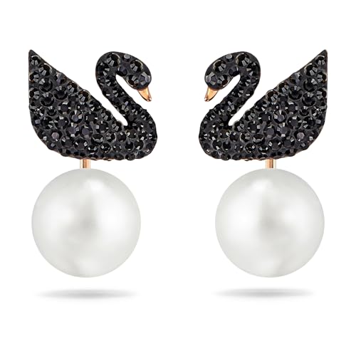 Swarovski Swan Pierced Earrings for Women, Swan Motif with Unique Earring Jackets, with Sparkling Black Crystals on a Rose-Gold Tone Plated Setting