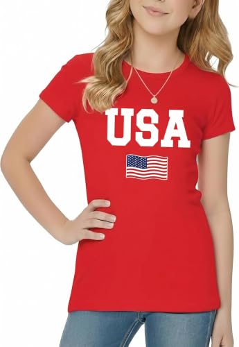 Image of Tstars Fitted Tee for Girls 4th of July Shirt | Patriotic American Cute Kids Heart Graphic Horse T-Shirt
