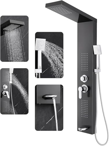 ROVOGO Colonne Panneau de Douche Hydromassante Noir avec Robinetterie Mitigeur pour Baignoire, 4 Modes - Douche de Pluie, Jets de Massage, Douchette et Bec de...