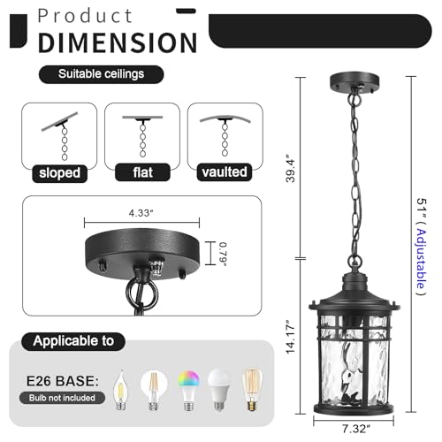 Image of Darkaway Dusk to Dawn Outdoor Pendant Light, 14inch Hanging Porch Light Outdoor Chandelier Ceiling Mount Waterproof Pendant Lights with Water Ripple Glass for Patio Entrance Foyer Entryway