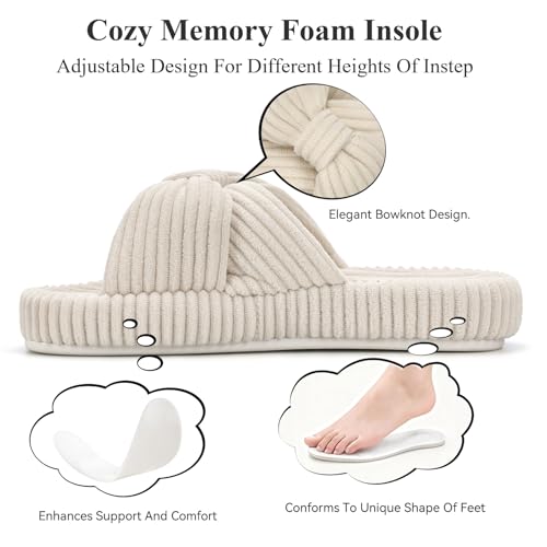 Image of BUNYISCN Slippers for Women Memory Foam Women's Orthopedic Arch Support Open Toe House Bedroom Corduroy Bow Crossbands Slide House Slippers
