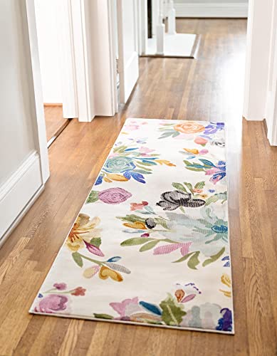 Rugs.com Blossom Collection Rug – 8 Ft Runner Ivory Medium Rug Perfect for Hallways, Entryways