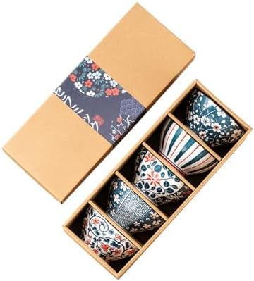 和食器セット | な茶碗 5個セット | 陶器製ご飯茶碗 | 電子レンジ・食洗機対応 | かわいい和柄デザイン | プレゼント用ギフトボックス入り (f)