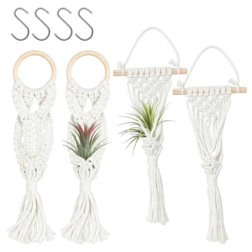 Belit 4 Pack Air Plants Holders, Wall Hanging Air Fern Stand, Macrame Plant Hanger with 4 Hooks for Home Decoration (NO Plant Included)