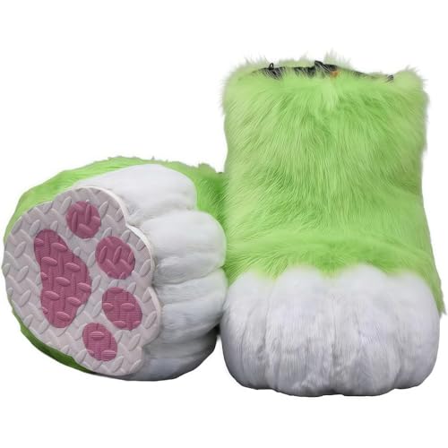 Fursuit feet paw Shoes kit Plush Furry Boots fursuit Costume paw Shoes Halloween Accessories Cosplay Costume Comic Exhibition (Green, 11 in) (Yellowish Green, 9.45in)