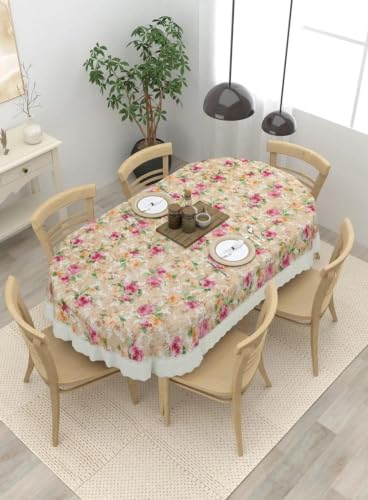 Image of Dakshya Industries PVC Waterproof Dining Table Cover for 6 Seater | Washable Oilproof Floral Printed Table Protector with Lace Border for Home Kitchen Decor (Oval)