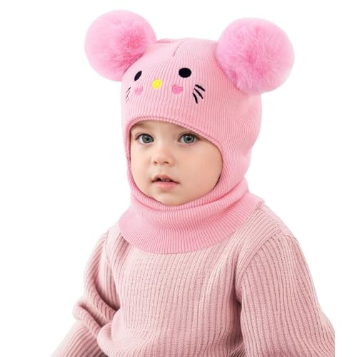 3-in-1-Schal Mütze Ohrenschützer Winter Strickmütze Kindermütz Schlupfmütze Kinder Baby Wintermütze Strickmütze Kapuze Weiche Schalmütze mit Doppelt mit Bommel Pom Pom Jungen Mädchen 1-8 Jahre