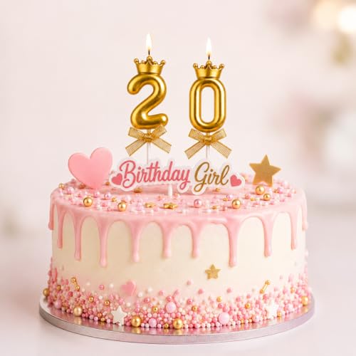 Image of Gold Crown Number 20 Birthday Candle for Cake Decoration | Premium Metallic Gold Anniversary & Birthday Cake Topper Candle Set for Women, Girls, Couple Celebration Party Decor, 2 pcs