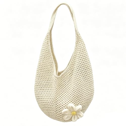Image of 1pcs Beach Bag Crochet Bags For Women Stylish Mesh Bag, Shoulder Baging foring Everyday Use Collection, with Flower Brooch Summer Vacation Knitted Boho Bags for Women Off White