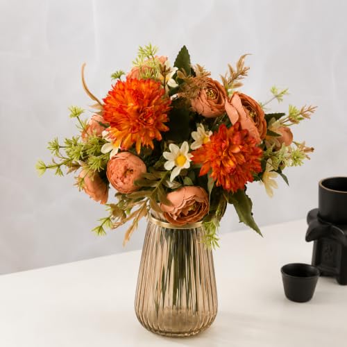 Image of CURATED CART Artificial Flowers 2 Bunches - 9 Mixed Flower Heads Each - Roses, Daisies & Chrysanthemums - Faux Flowers for Vases, Home Decor, Office, Parties (Orange) (No Vase)