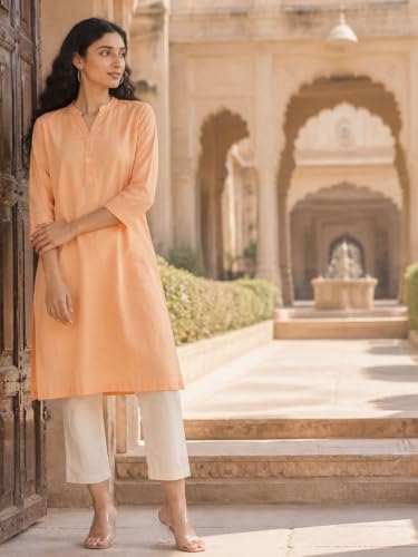 Image of SAADAA Women Airy Linen Long Kurta | Mandarin Collar 3 /4th Sleeve Kurta | Regular Fit Ethnic Wear for Women | Casual, Festive & Office Wear