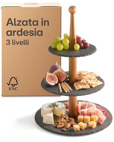 Praknu Alzata per Antipasti in Ardesia e Legno di Acacia 𝗙𝗦𝗖® a 3 Livelli – Etagere per Dolci, Frutta e Bruschette – Perfetta per Feste, Buffet e Centrotavola