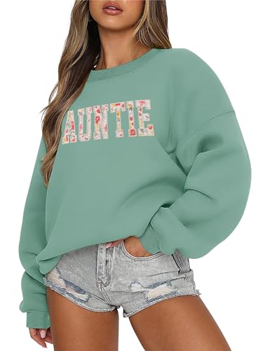 LOMON Oversized Graphic Auntie Sweatshirt for Women Long Sleeve Crewneck Pullover Casual Fall Hoodie Tops 2025A-Gray Green Auntie Letter XL