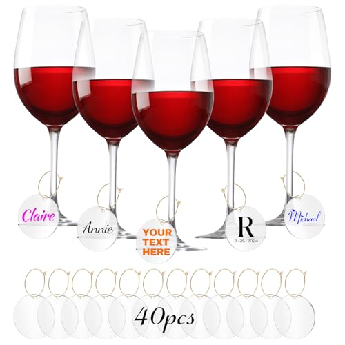 Customized 40 Pcs DIY Wine Charms for Glasses | Acrylic Wine Charms with Rings | Blank Wine Glass Labels with Marker Pen for Personalized Names/Logo | Bulk for Stem Glasses, Cocktail, Champagne, Wedding, and Dinner Party Favors