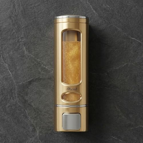 Image of ALTURAS Wall Mounted Liquid Soap Dispenser, ABS, 400 ML, for Shampoo, Sanitizer and Gel Handwash Dispenser (400 ML Gold and Black)