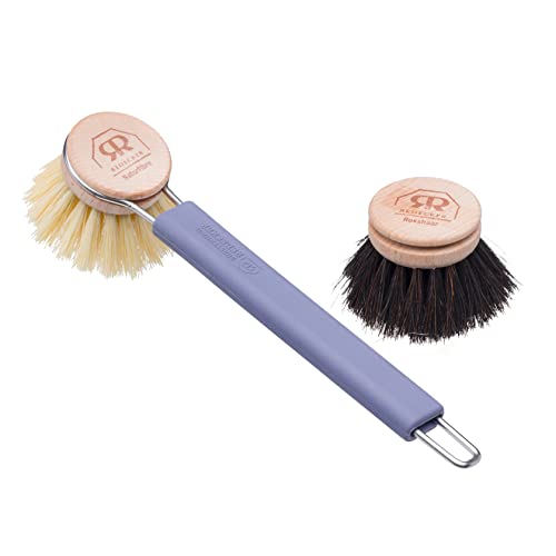 Redecker Silicone Dish Brush Bundle, Includes Interchangeable Natural Horsehair And Tampico Fiber Brush Heads, Sustainable Silicone And Stainless Steel Handle With Hanging Loop, Blue #TOP14