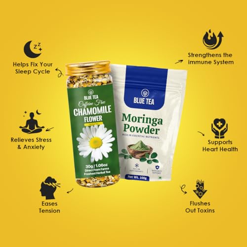 Image of BLUE TEA - Combo Pack - Chamomile Tea - 30 g - 50+ cups & Moringa Powder - 100 gm | For Stress Relief And Anxiety | Rich in Vitamins, Minerals & Amino Acids | Energy Booster | Zipper & Pet Jar