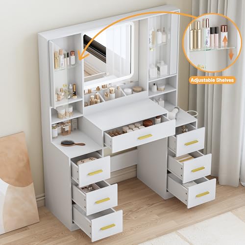 Image of BORNOON Vanity Desk with Mirror and Lights, Makeup Vanity with 7 Drawers, 2 Glass Door Cabinets, Charging Station, Adjustable Shelves, RGB Lighting, Holder